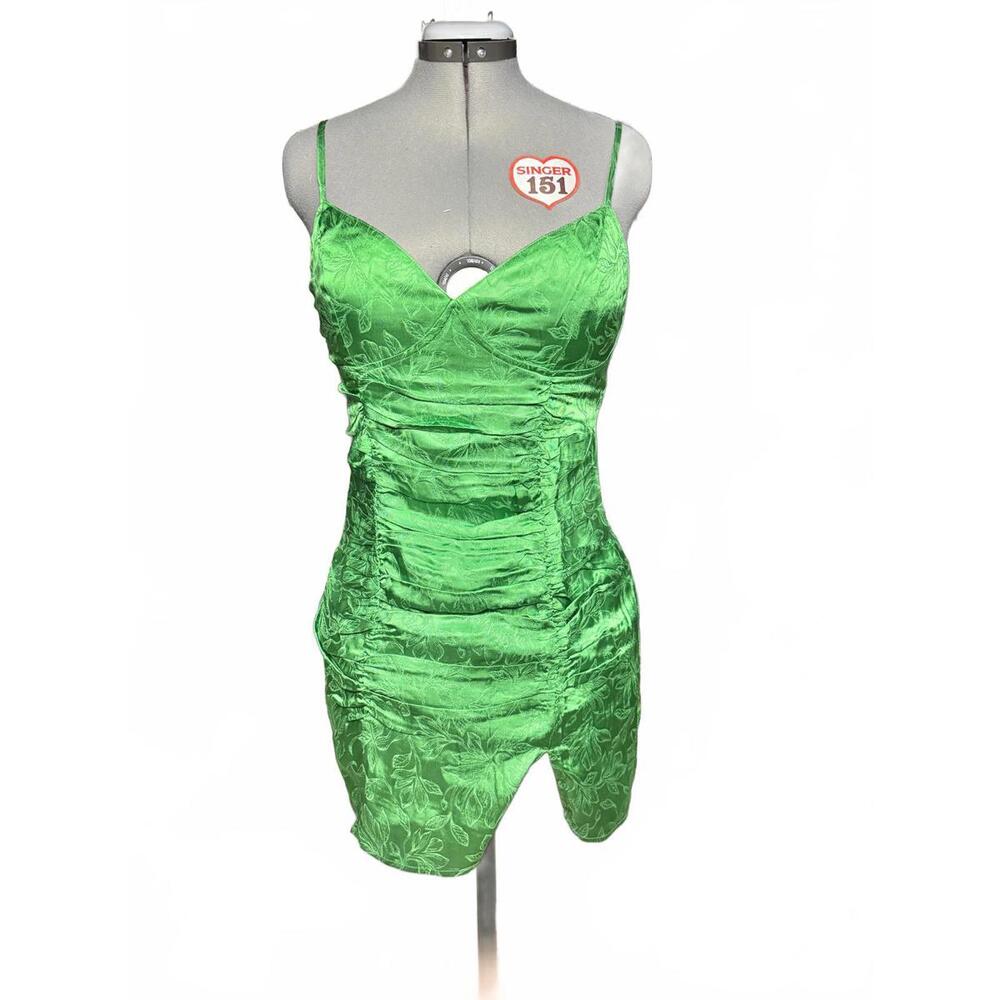 NWOT Sky to Moon Green Satin Ruched Mini Dress with Spaghetti Straps